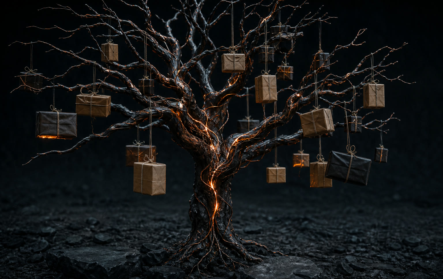 A dark metal tree with orange electric veins and packages hanging from the branches.